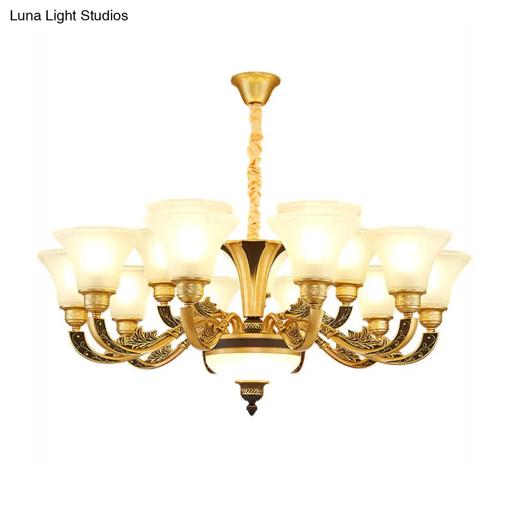 Vintage Flared Suspension Chandelier For Living Room - Cream Frosted Glass Light