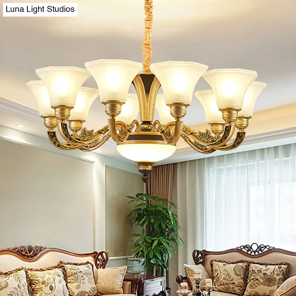 Vintage Flared Suspension Chandelier For Living Room - Cream Frosted Glass Light