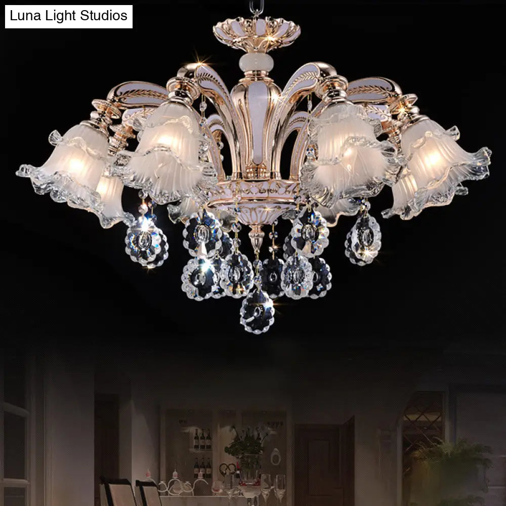 Vintage Floral Chandelier Pendant With Ribbed Ruffle Glass And Crystal Accent