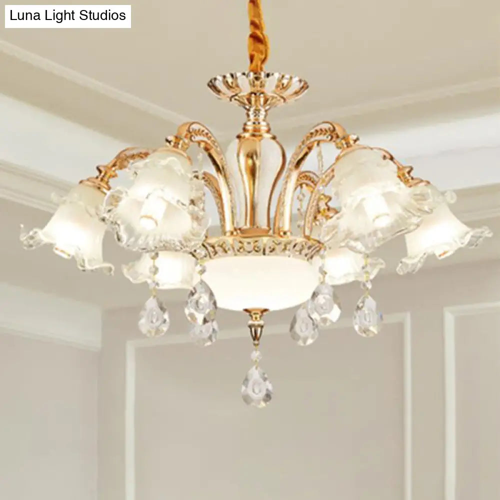 Vintage Floral Chandelier Pendant With Ribbed Ruffle Glass And Crystal Accent