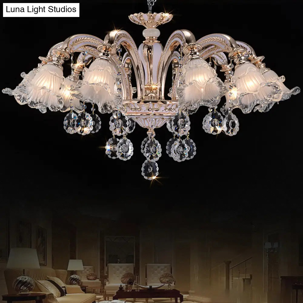 Vintage Floral Chandelier Pendant With Ribbed Ruffle Glass And Crystal Accent