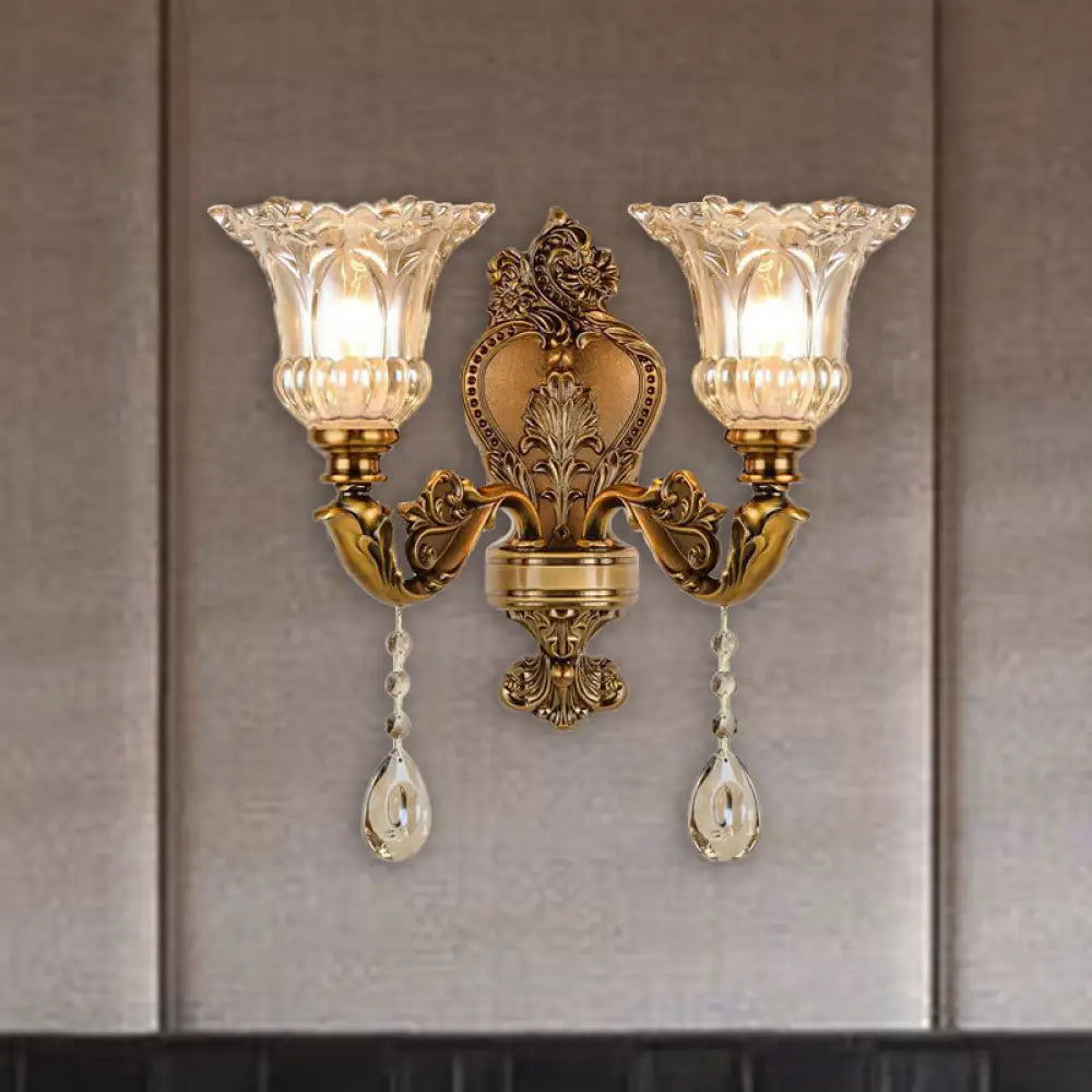 Vintage Floral Wall Sconce With Beveled Crystal Prism And Brass Finish 2 /