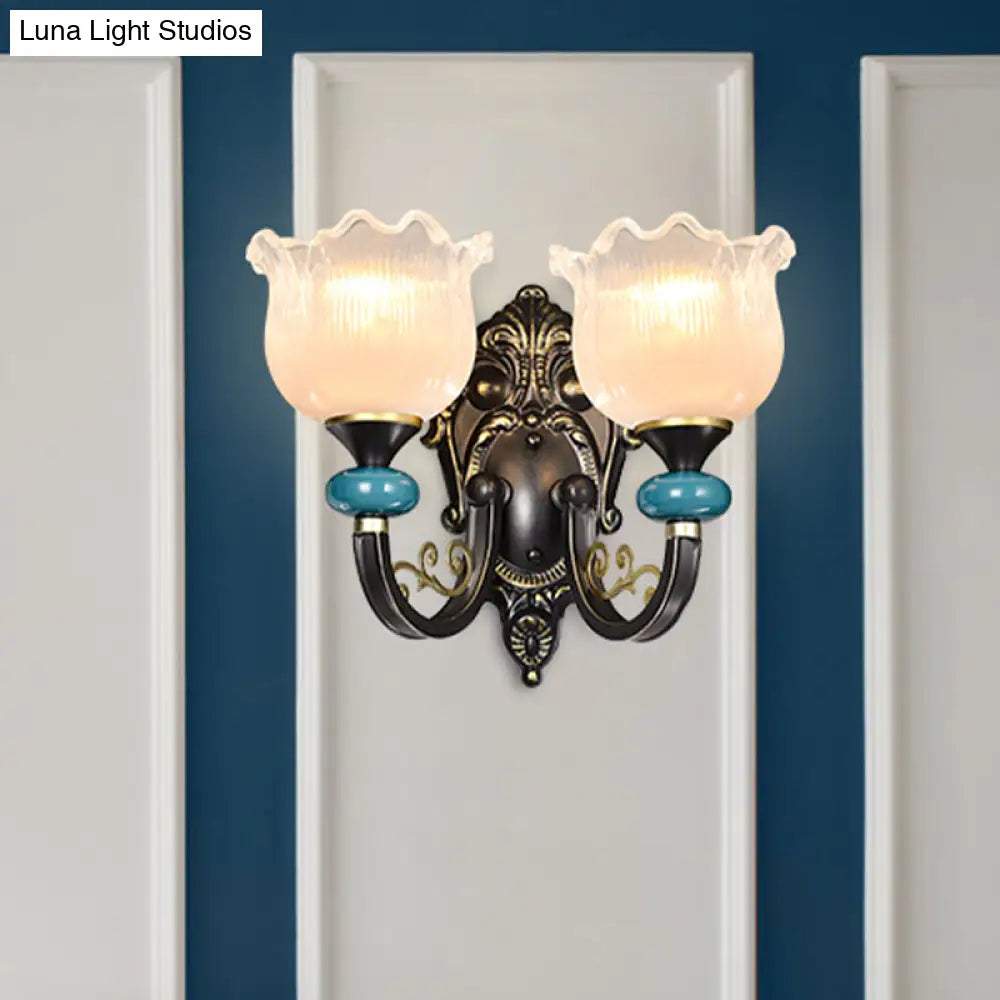 Vintage Floral Wall Sconce With Frosted Glass Shade - Bronze Metal Curvy Arm Bedroom Décor
