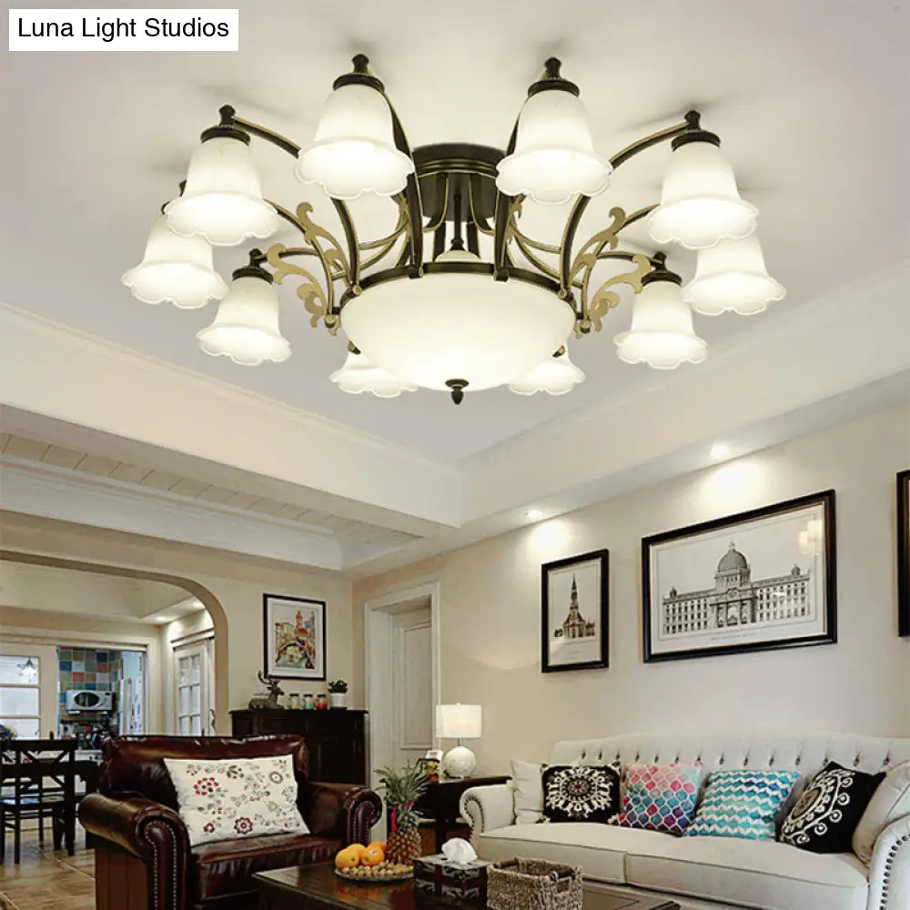 Vintage Floral White Glass Ceiling Lamp With 3/6/8 Lights For Dining Room - Semi Flush Mount In
