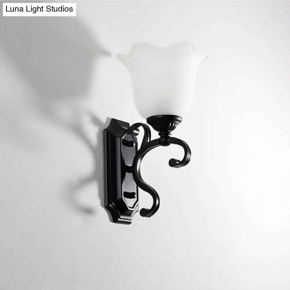 Vintage Flower Shaped Wall Mounted Lamp For Bedroom - Frost Glass Black Light