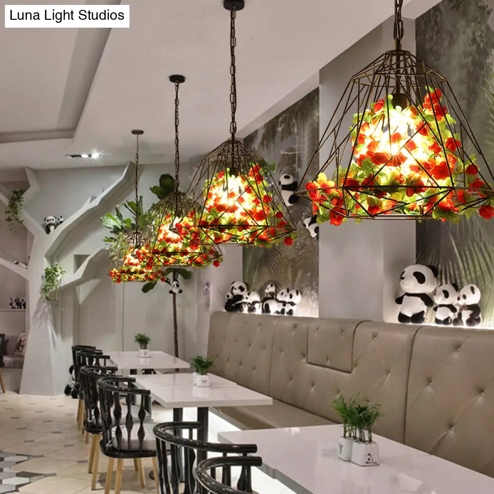 Vintage Geometric Pendant Ceiling Light In Black With Metal Led Flower Suspension