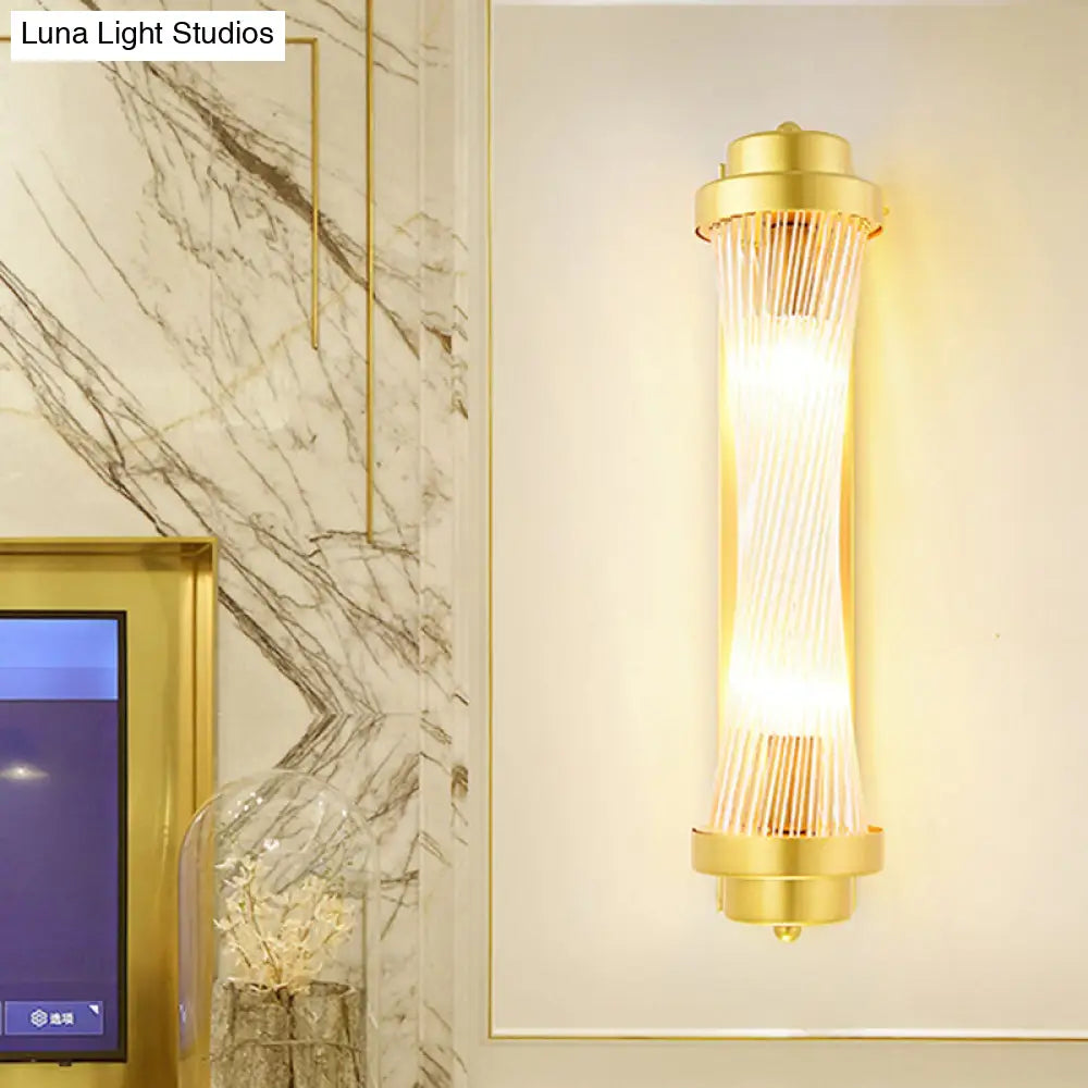 Vintage Gold Cylinder Wall Sconce With Clear Glass And Dual Led Lights For Bedroom
