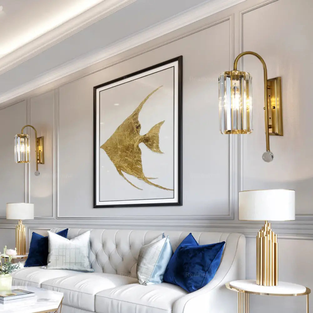 Vintage Gold Metal Gooseneck Wall Light With Clear Crystal Shade - Cylindrical 1/2-Bulb Sconce 1 /