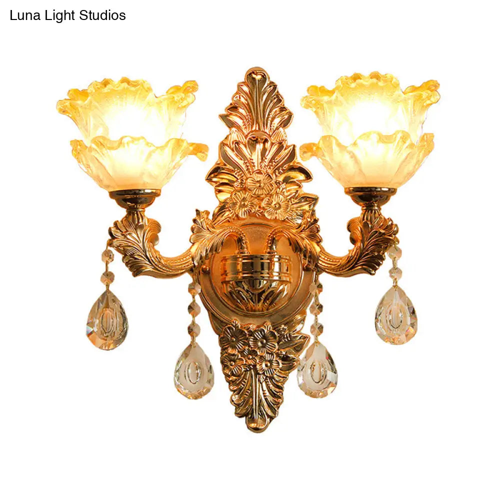 Vintage Gold Wall Light With Frosted Glass Ruffle Flower And Crystal Accent