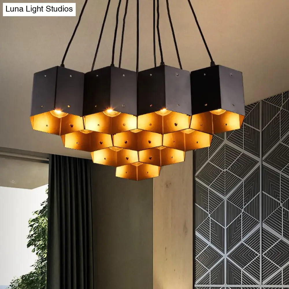 Vintage Hexagonal Chandelier With Black Honeycomb Design - 7/10/11 Down Lights For Restaurants