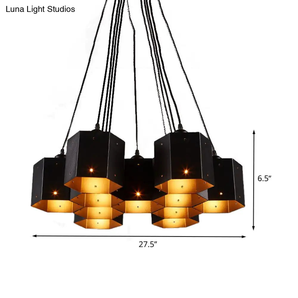 Vintage Hexagonal Chandelier With Black Honeycomb Design - 7/10/11 Down Lights For Restaurants