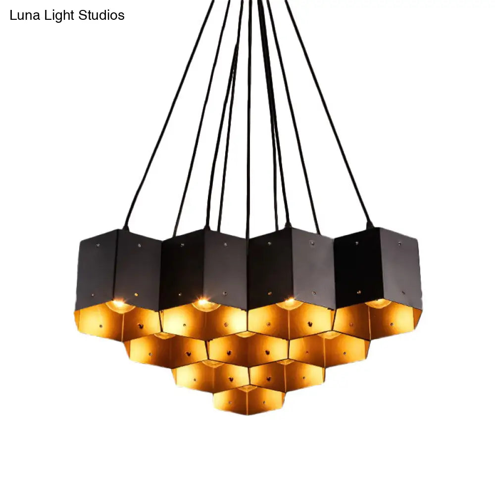 Vintage Hexagonal Chandelier With Black Honeycomb Design - 7/10/11 Down Lights For Restaurants