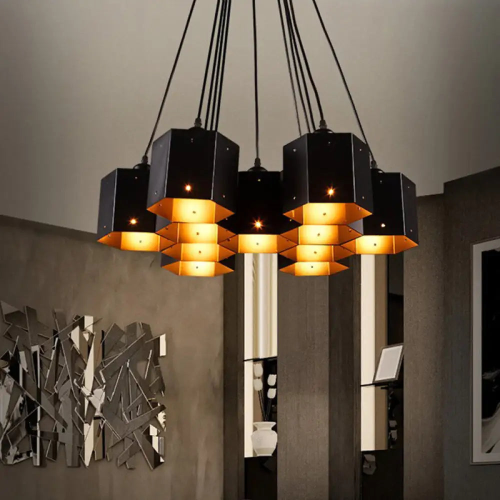 Vintage Hexagonal Chandelier With Black Honeycomb Design - 7/10/11 Down Lights For Restaurants 11 /