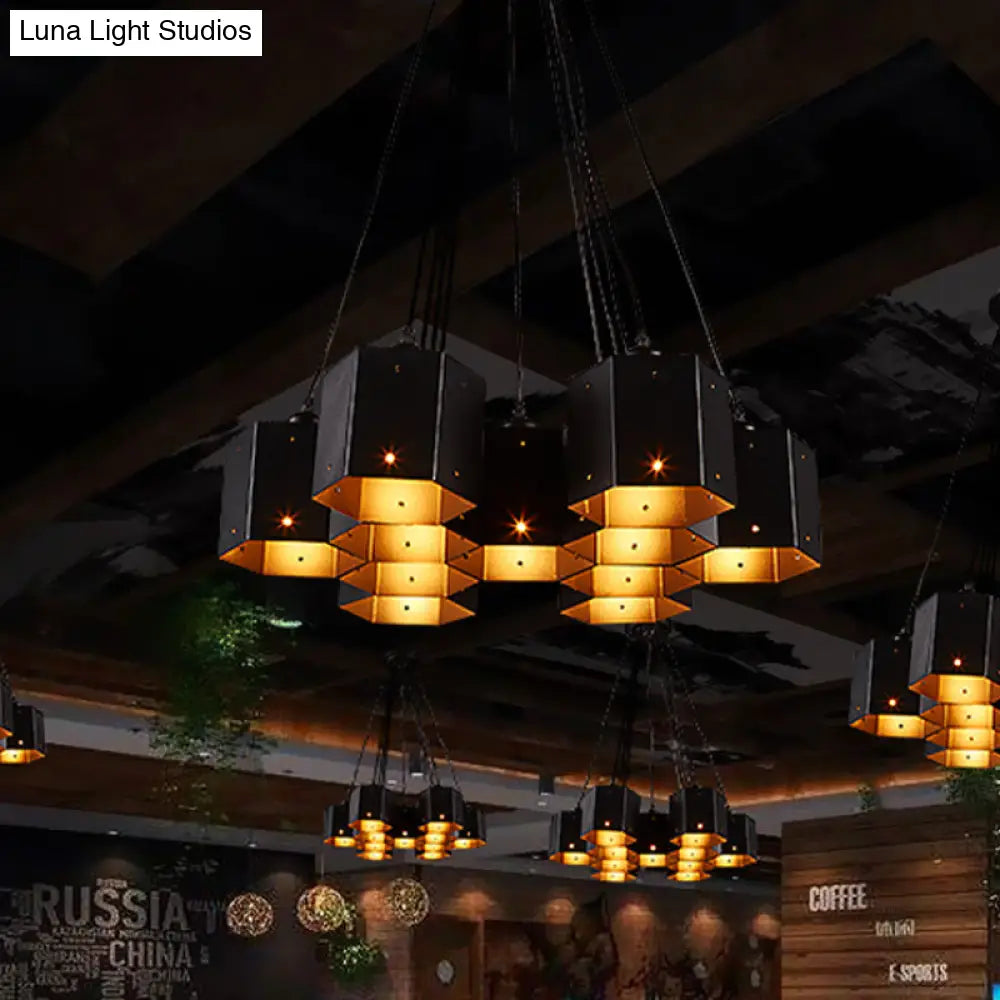 Vintage Hexagonal Chandelier With Black Honeycomb Design - 7/10/11 Down Lights For Restaurants