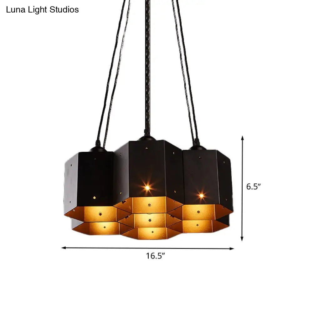 Vintage Hexagonal Chandelier With Black Honeycomb Design - 7/10/11 Down Lights For Restaurants