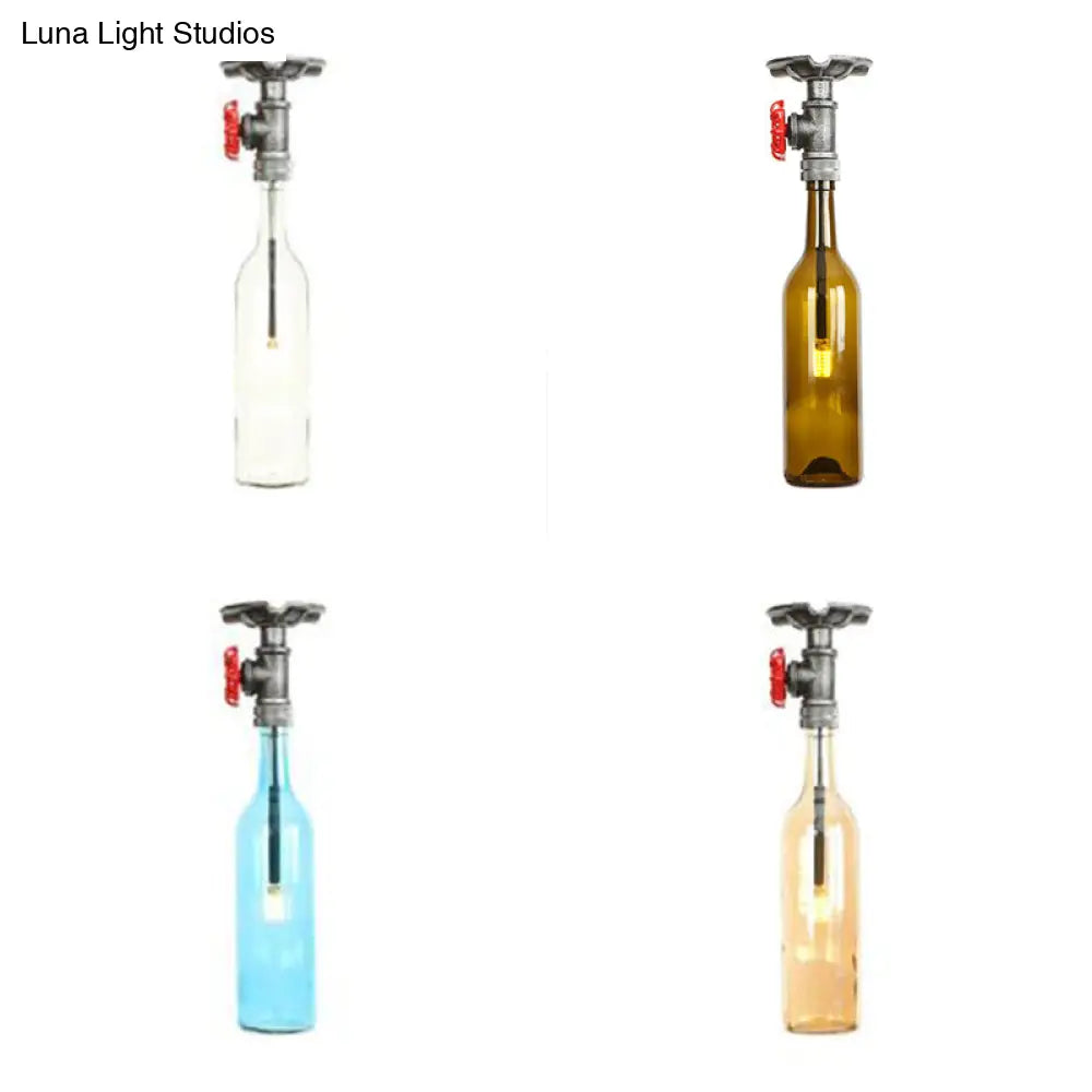 Vintage Indoor Ceiling Mounted Fixture: 1-Light Semi-Mount With Wine Bottle Glass Shade & Valve In