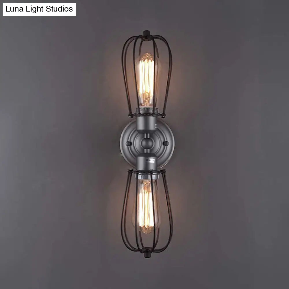 Vintage Industrial 1/2-Light Metal Bulb Wall Sconce With Cage Shade For Restaurants - Black/Nickel