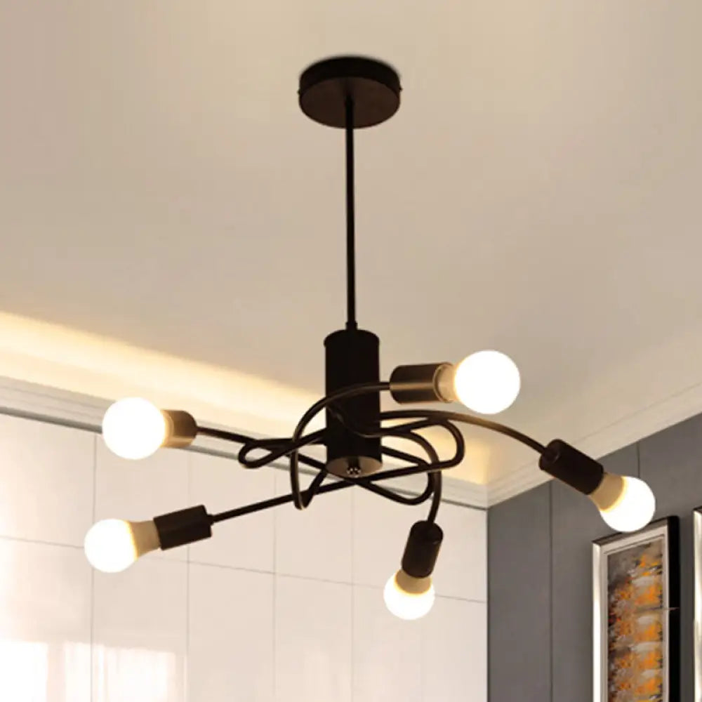 Vintage Industrial Black Metal Chandelier With Exposed Bulbs - 3/5 Lights Twirled Hanging Lamp For