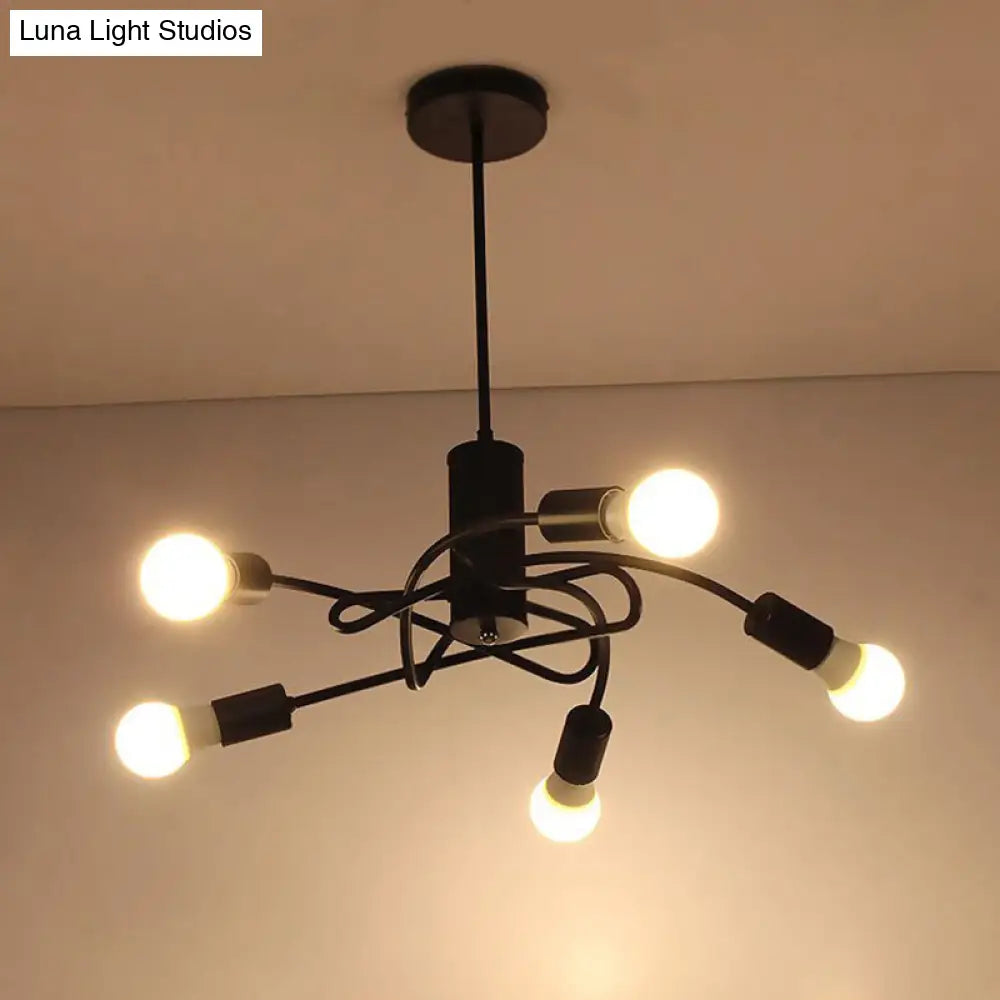 Vintage Industrial Black Metal Chandelier With Exposed Bulbs - 3/5 Lights Twirled Hanging Lamp For