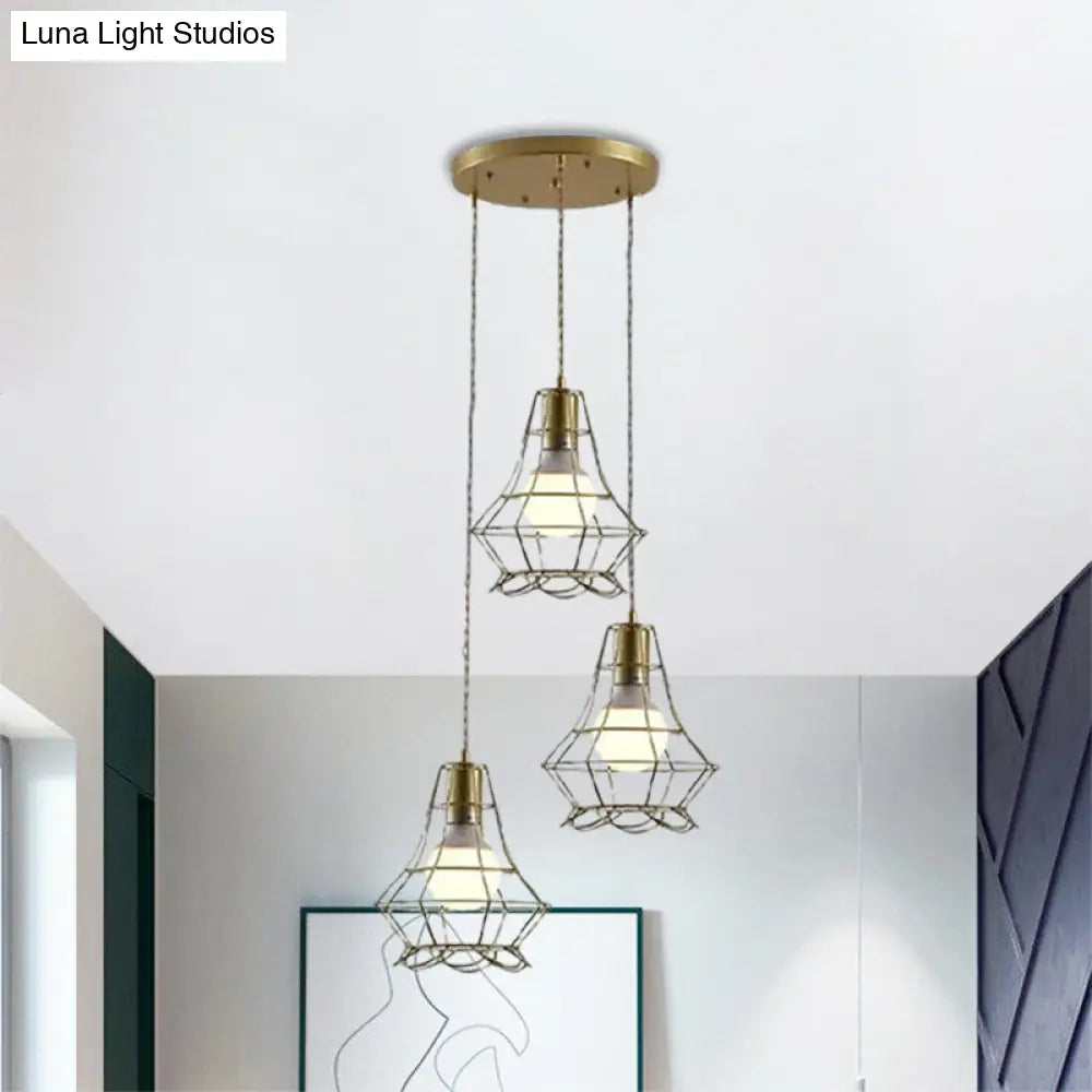 Vintage Iron Caged Pendant Lamp With Petal Shade - Golden 3 Lights Hanging Fixture