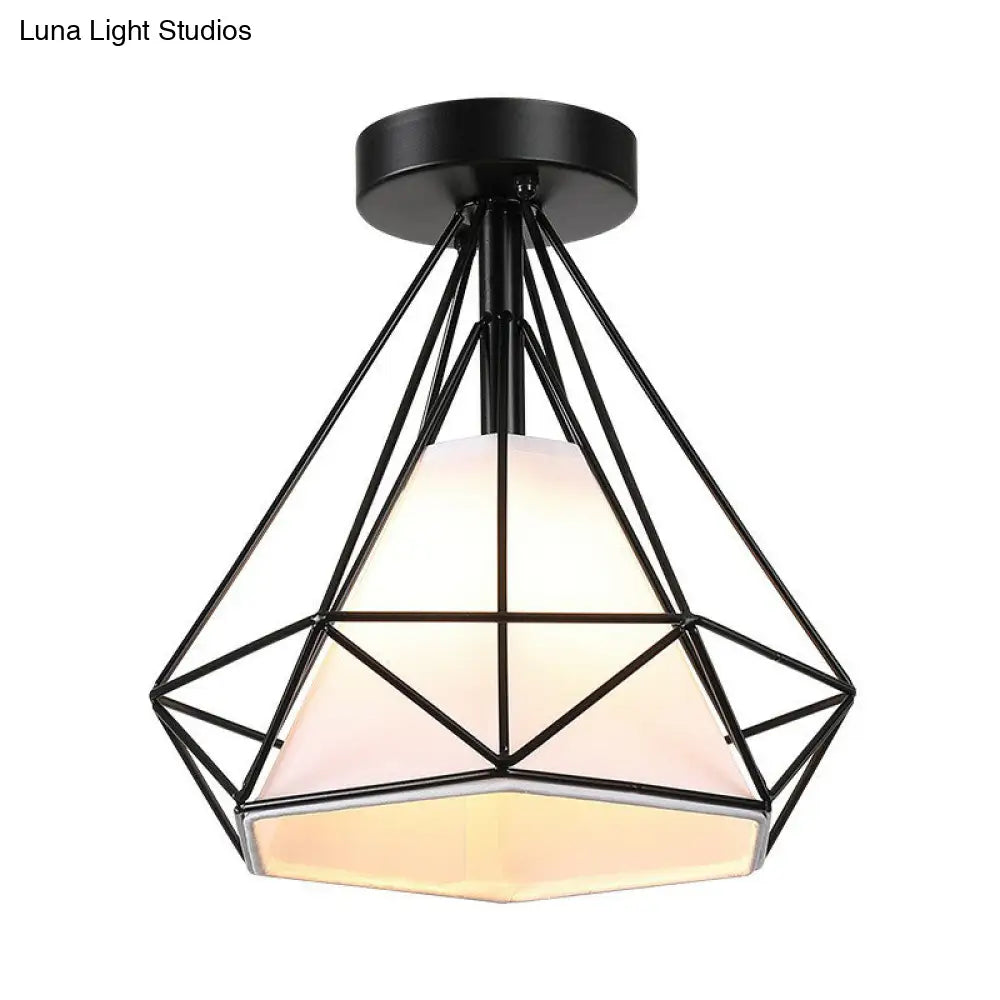 Vintage Iron Diamond Cage Ceiling Light - Black Flush Mount Fixture
