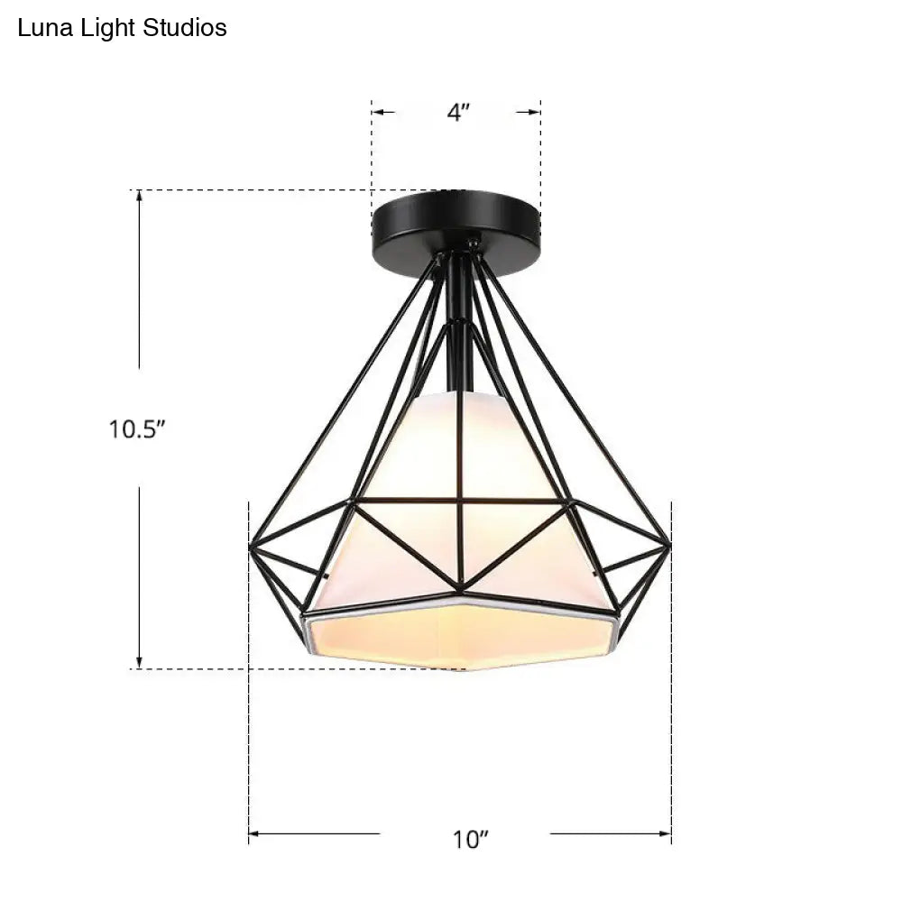 Vintage Iron Diamond Cage Ceiling Light - Black Flush Mount Fixture