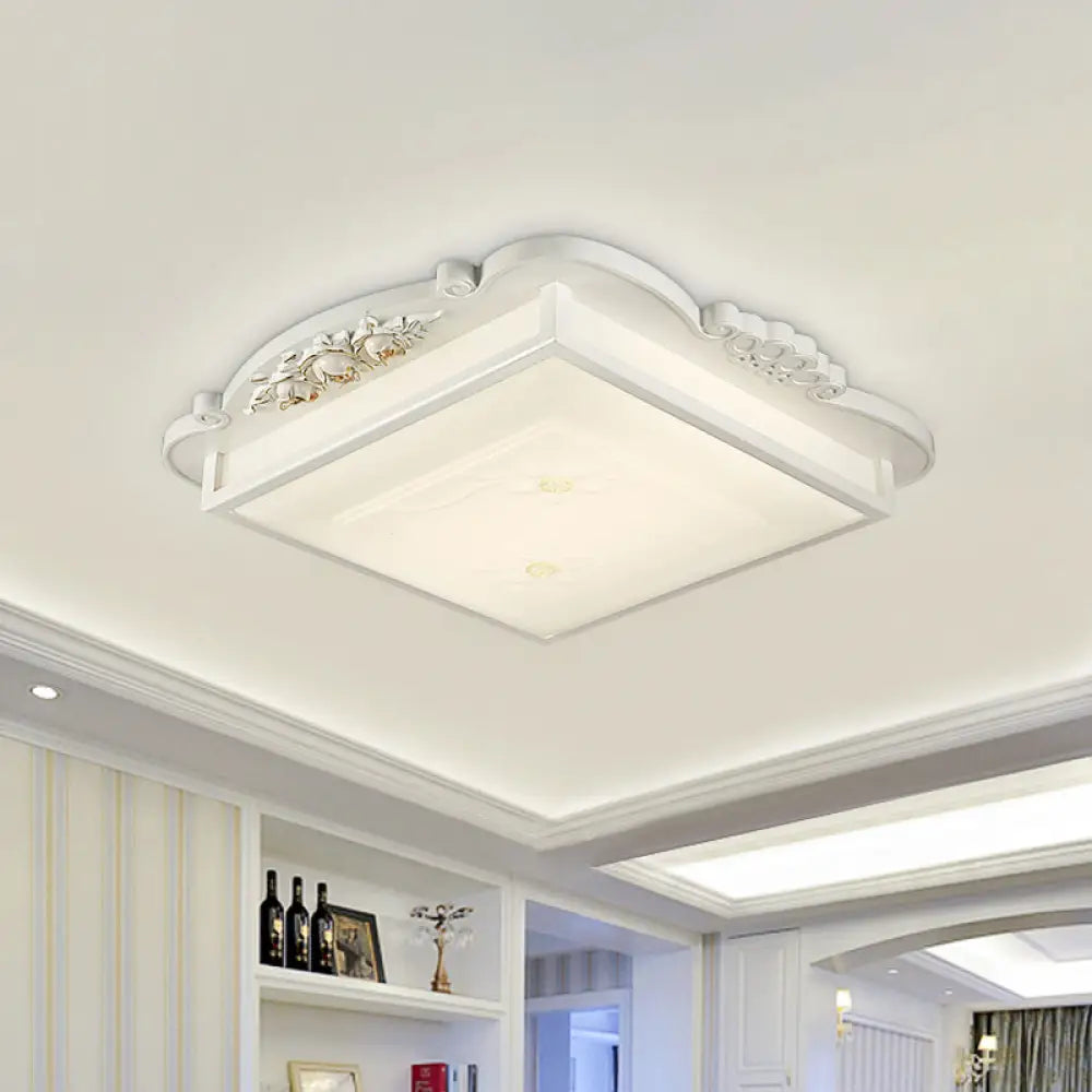 Vintage Led Square Flush Mount Light With Opaline White Glass - Perfect For Living Room