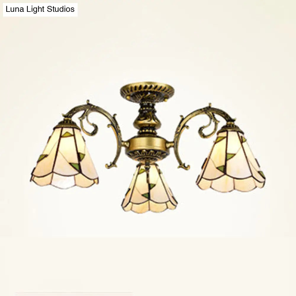 Vintage Lodge Stained Glass Semi Flush Ceiling Light In White/Antique Brass With Conical Design -