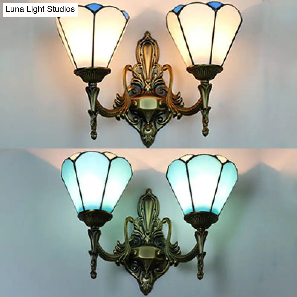 Vintage Loft Stained Glass Cone Wall Sconce Light In White/Blue - 2 Lights For Bedroom
