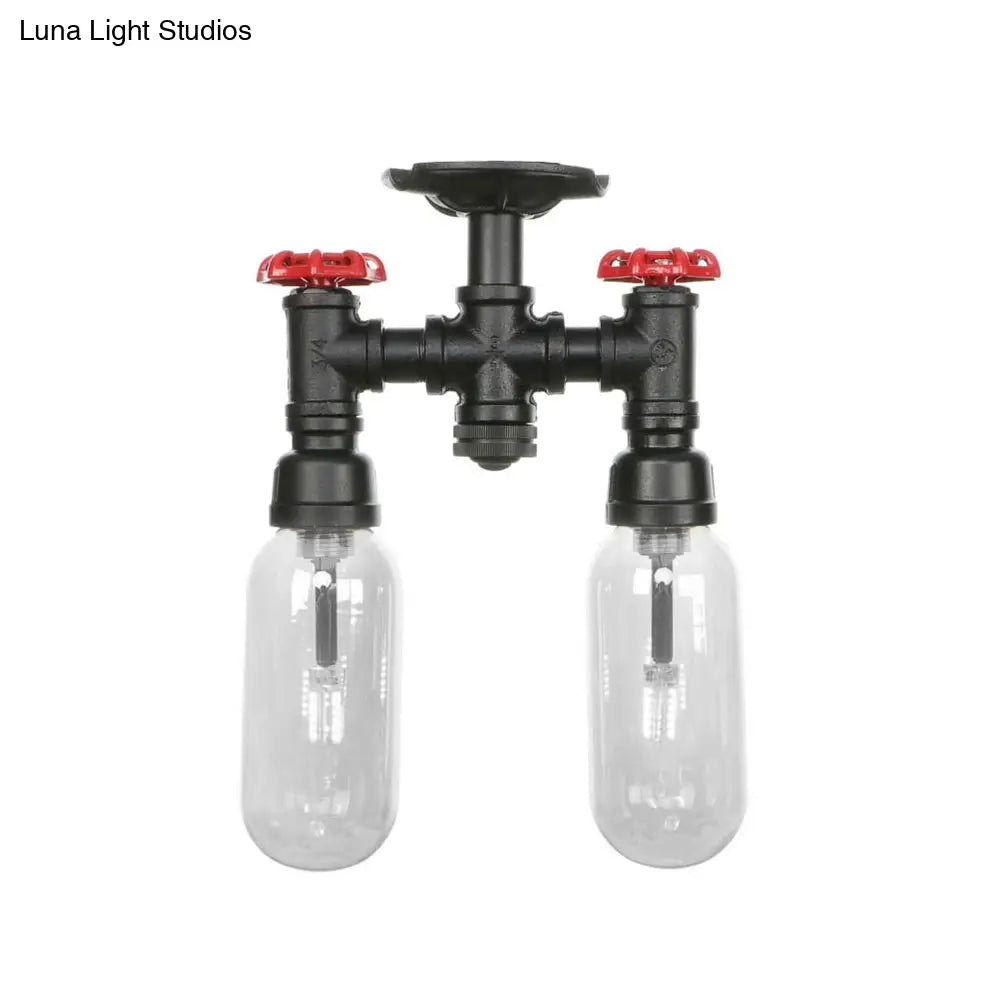 Vintage Matte Black Semi Mount Ceiling Light With Clear Glass Shades - 2 - Light Capsule Design