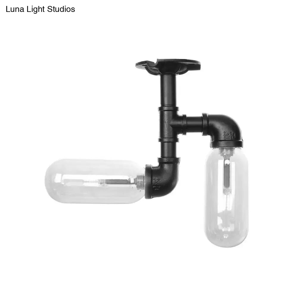 Vintage Matte Black Semi Mount Ceiling Light With Clear Glass Shades - 2 - Light Capsule Design