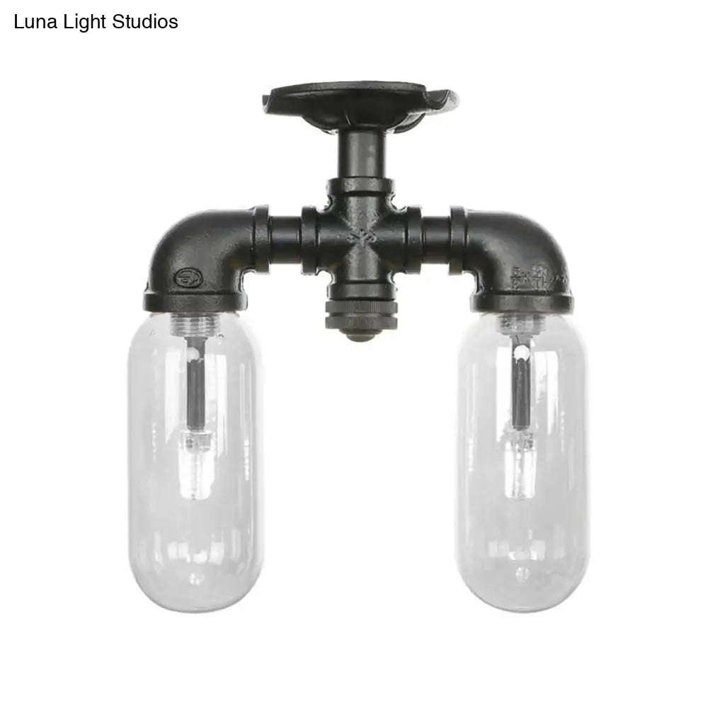 Vintage Matte Black Semi Mount Ceiling Light With Clear Glass Shades - 2 - Light Capsule Design