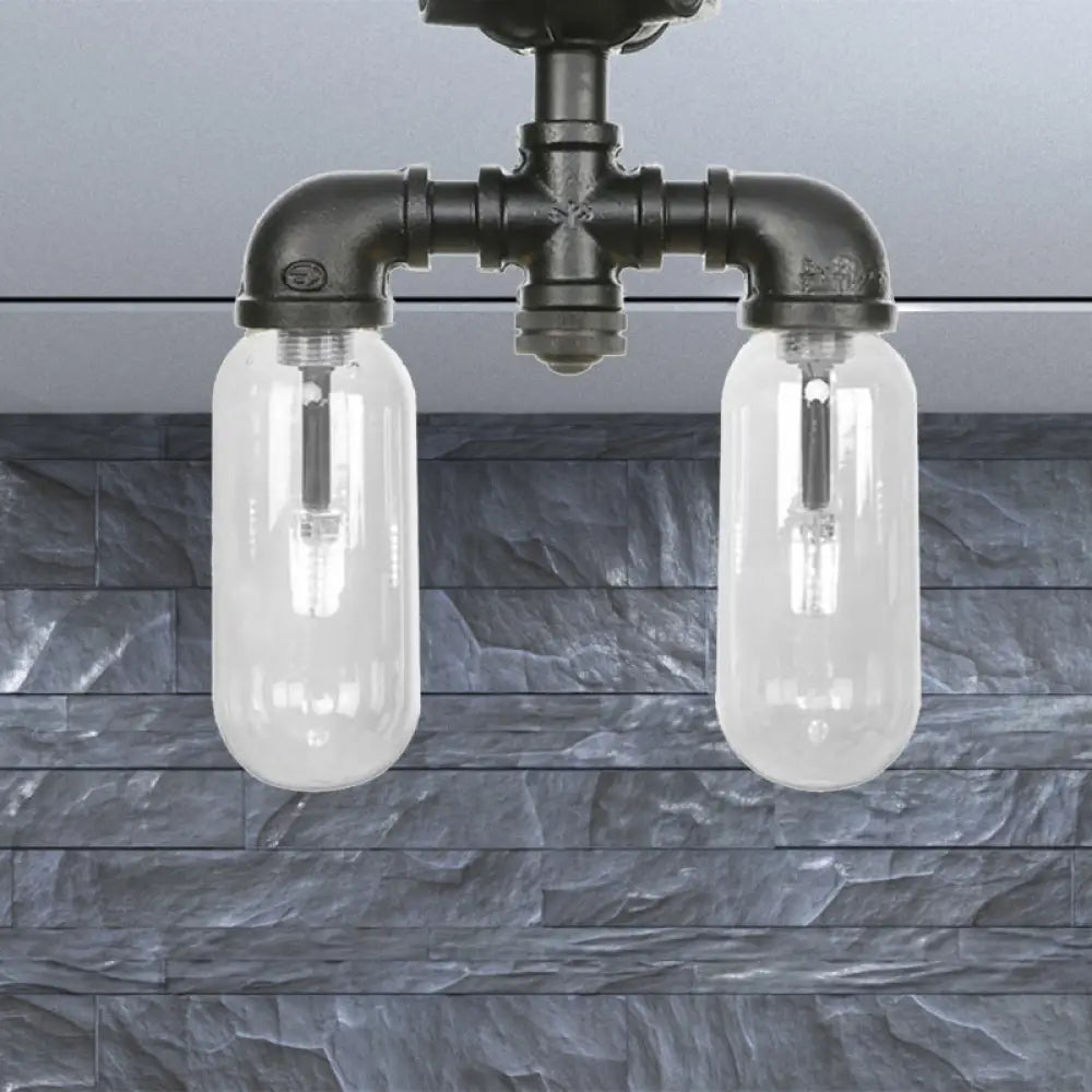 Vintage Matte Black Semi Mount Ceiling Light With Clear Glass Shades - 2 - Light Capsule Design / B
