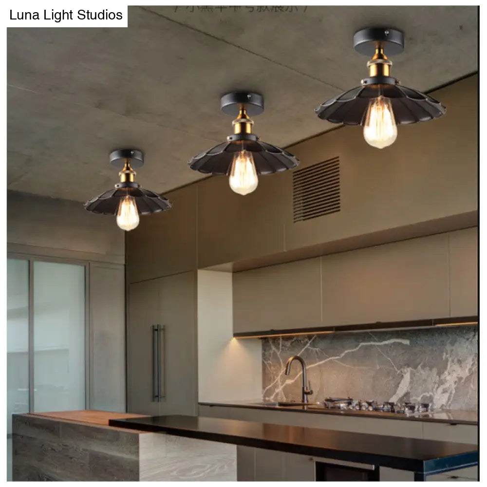 Vintage Metal 1 - Light Semi - Flush Ceiling Light - Black Shaded Kitchen Fixture