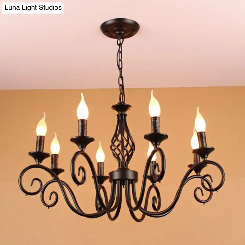 Vintage Metal Curly Arm Pendant Chandelier - 8 Bulbs Black/White/Blue Ideal For Living Room