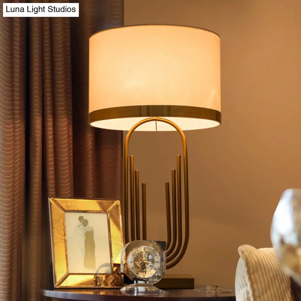 Vintage Metal Fluted Oval Living Room Table Lamp With Gold Finish And Fabric Shade