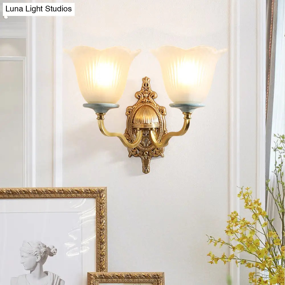 Vintage Milk Glass Brass Wall Lamp With Carved Blossom Design - 1/2-Light Sconce For Porch