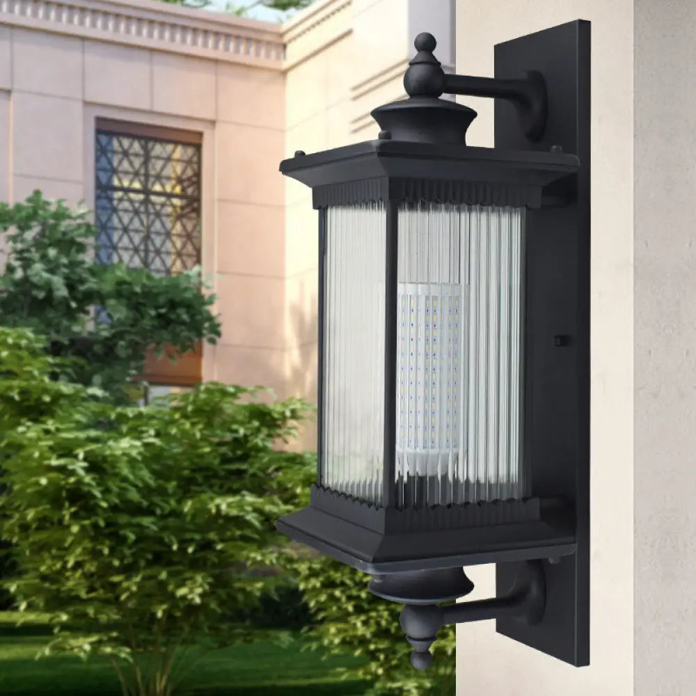 Vintage Ribbed Glass Wall Light Fixture For Yard - Single-Bulb Rectangle Lamp Black