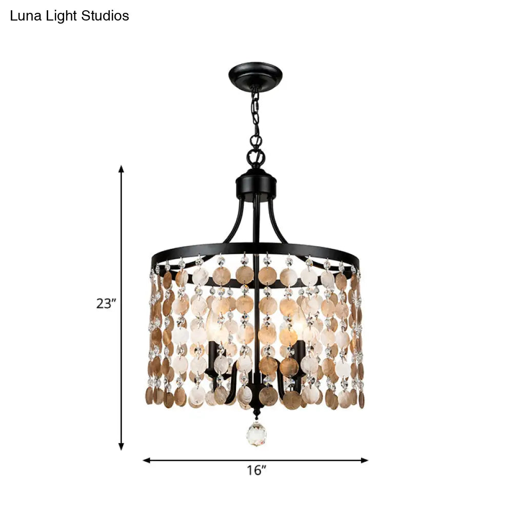 Vintage Round Chandelier Light Metal & Shell | 4-Light Suspension Black For Bedroom