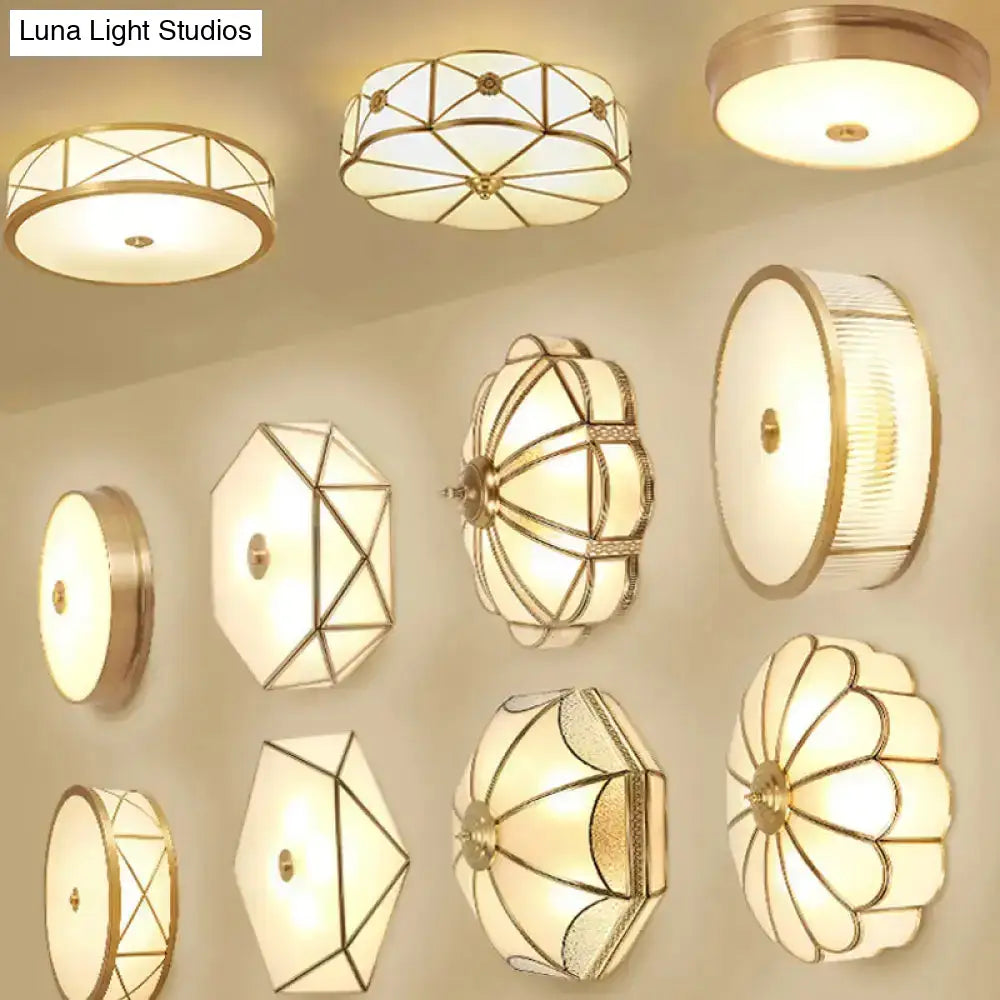 Vintage Scalloped Frosted Glass Flush Mount Light With Brass Finish - 3 Lights For Bedroom Ceiling