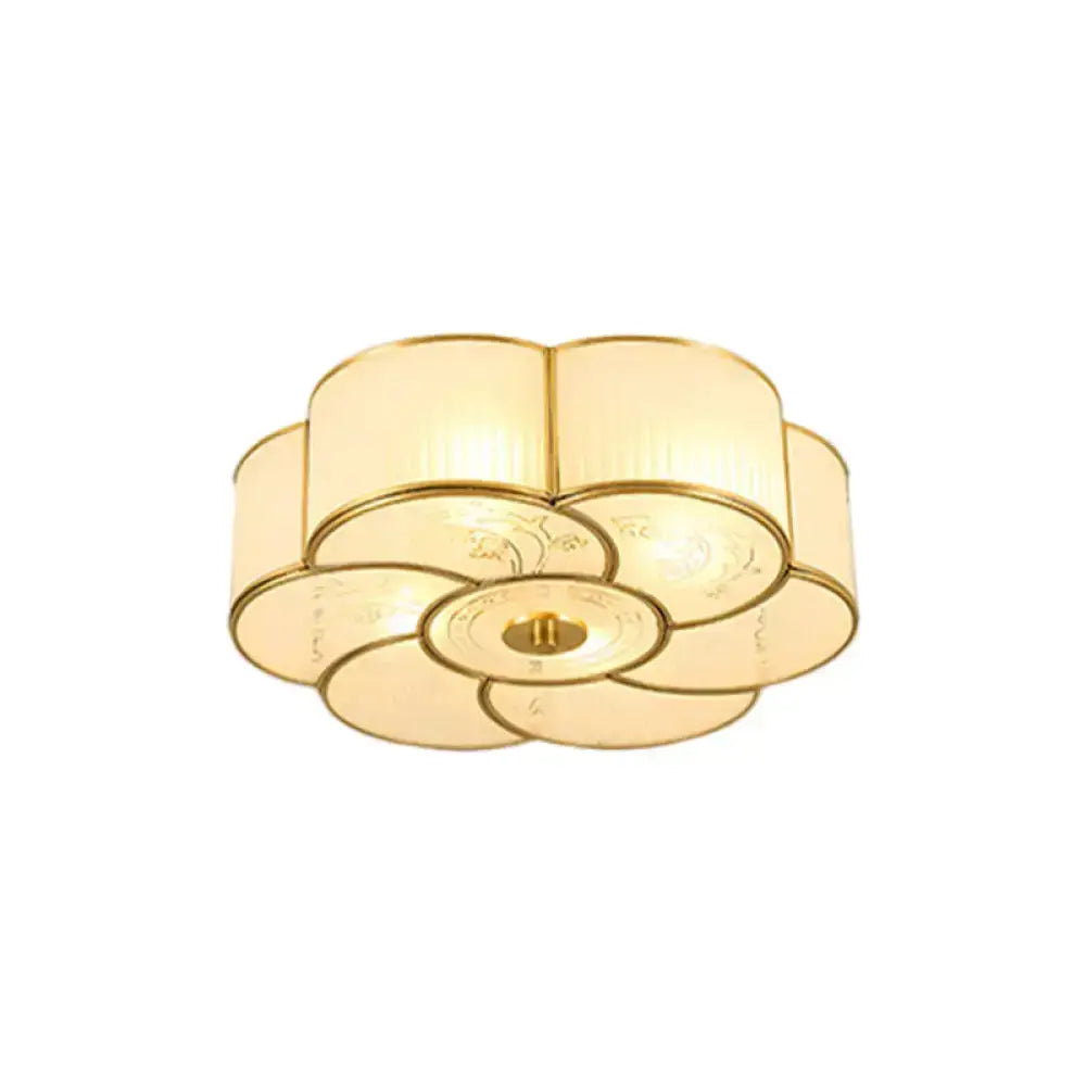 Vintage Scalloped Frosted Glass Flush Mount Light With Brass Finish - 3 Lights For Bedroom Ceiling