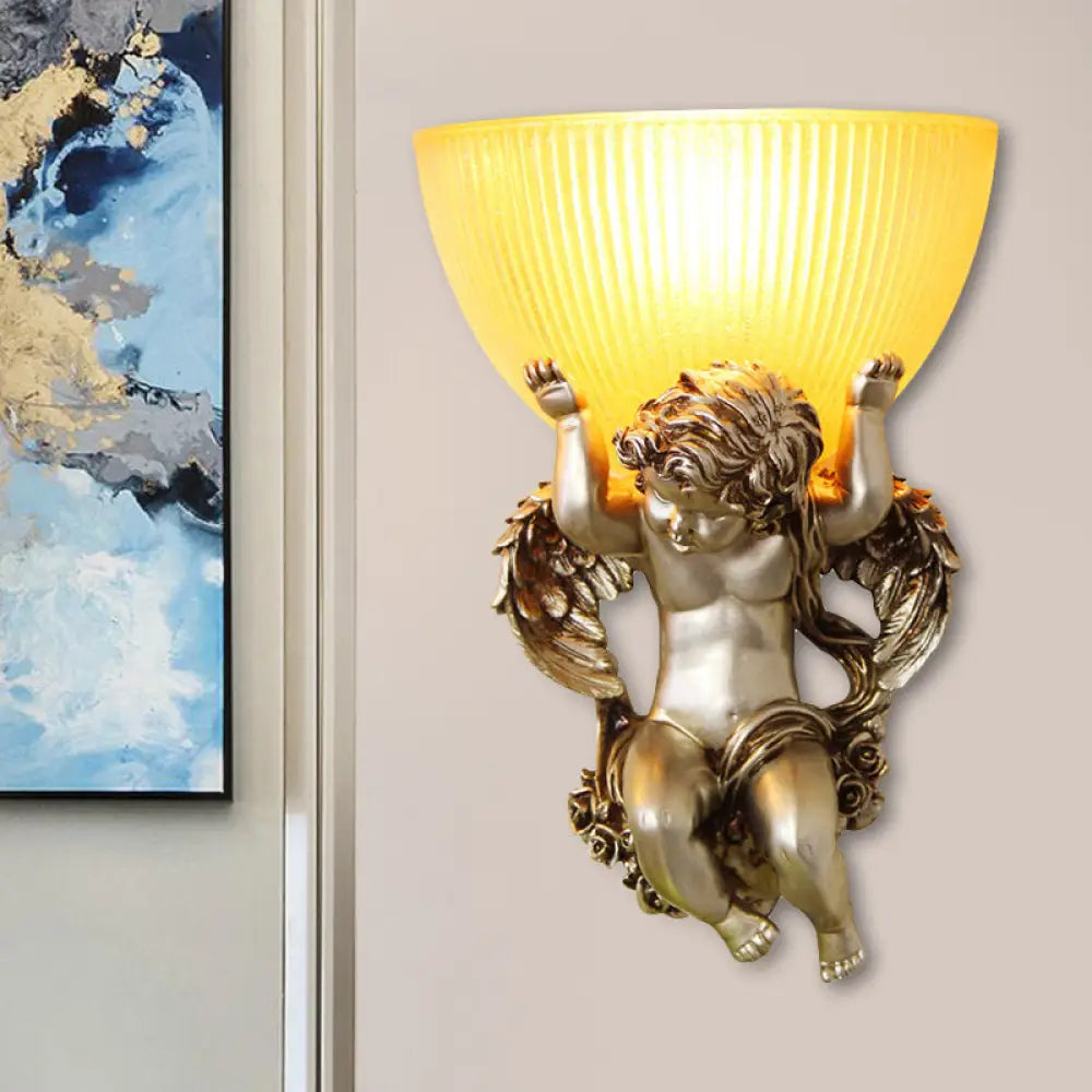 Vintage Silver/White/Beige Resin Angel Wall Lamp With Amber Fluted Glass Shade Silver