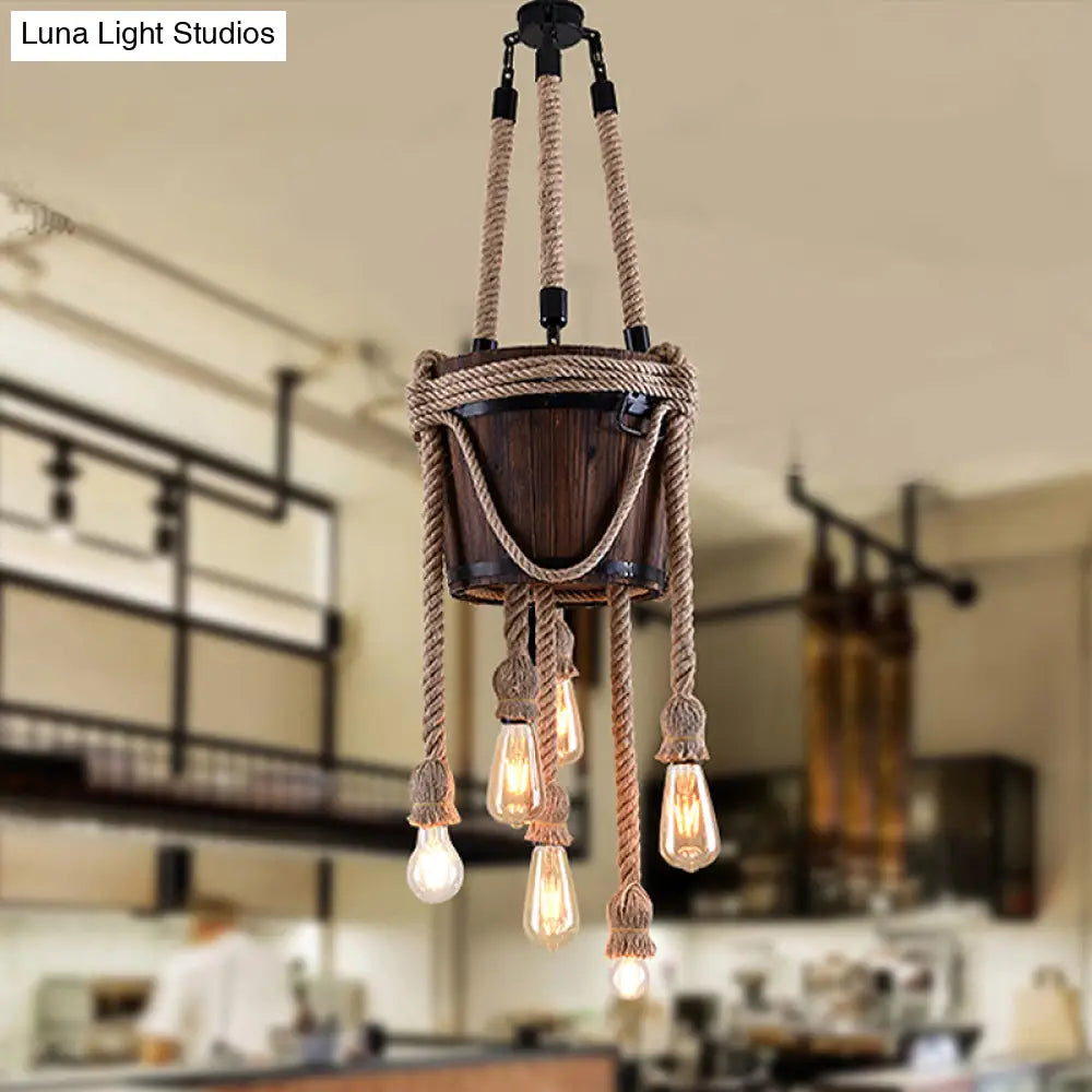 Vintage Six-Light Wooden Chandeliers With Hemp Rope - Perfect For Balcony!