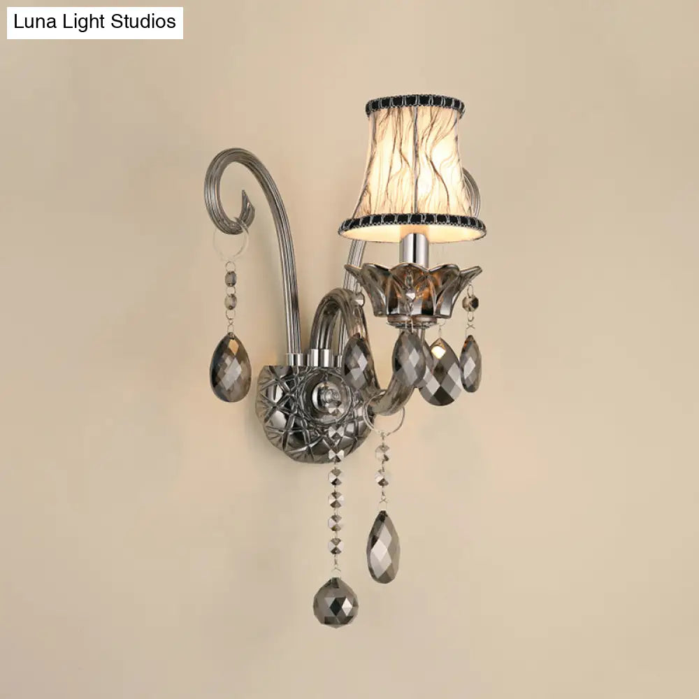 Vintage Smoke Gray Crystal Bell Sconce - Half-Bulb Retro Wall Lamp With Fabric Shade For Living Room
