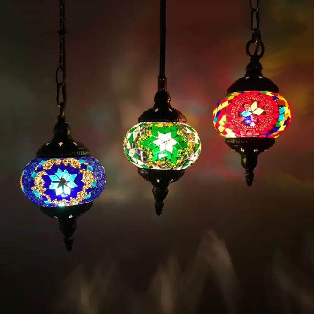 Vintage Stained Glass Bedroom Pendant - Red/Yellow/Green Oval Cluster Lamp With 3 Heads Green