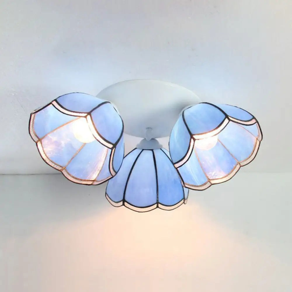 Vintage Stained Glass Ceiling Light Fixture - 3 - Light Industrial Domed Design In Blue Tones