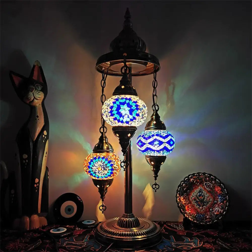 Vintage Stained Glass Floor Reading Lamp With 3 Heads - Blue/Orange And Yellow/White Blue