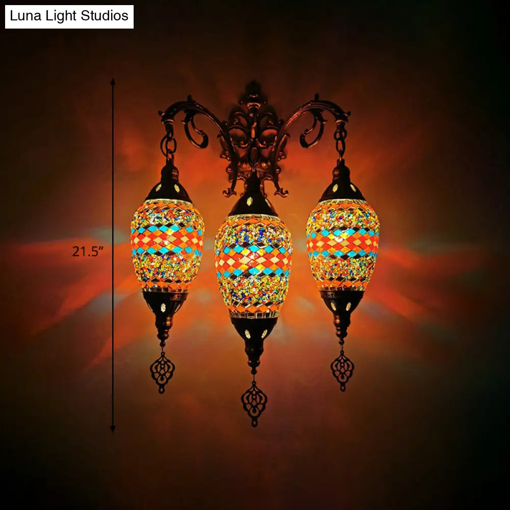 Vintage Stained Glass Wall Mount Light Fixture - Yellow/Orange/Blue Oval 3 Lights