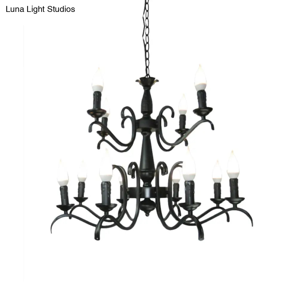 Vintage Style 3/5-Head Flameless Candle Chandelier - Black Metallic Hanging Lamp For Living Room