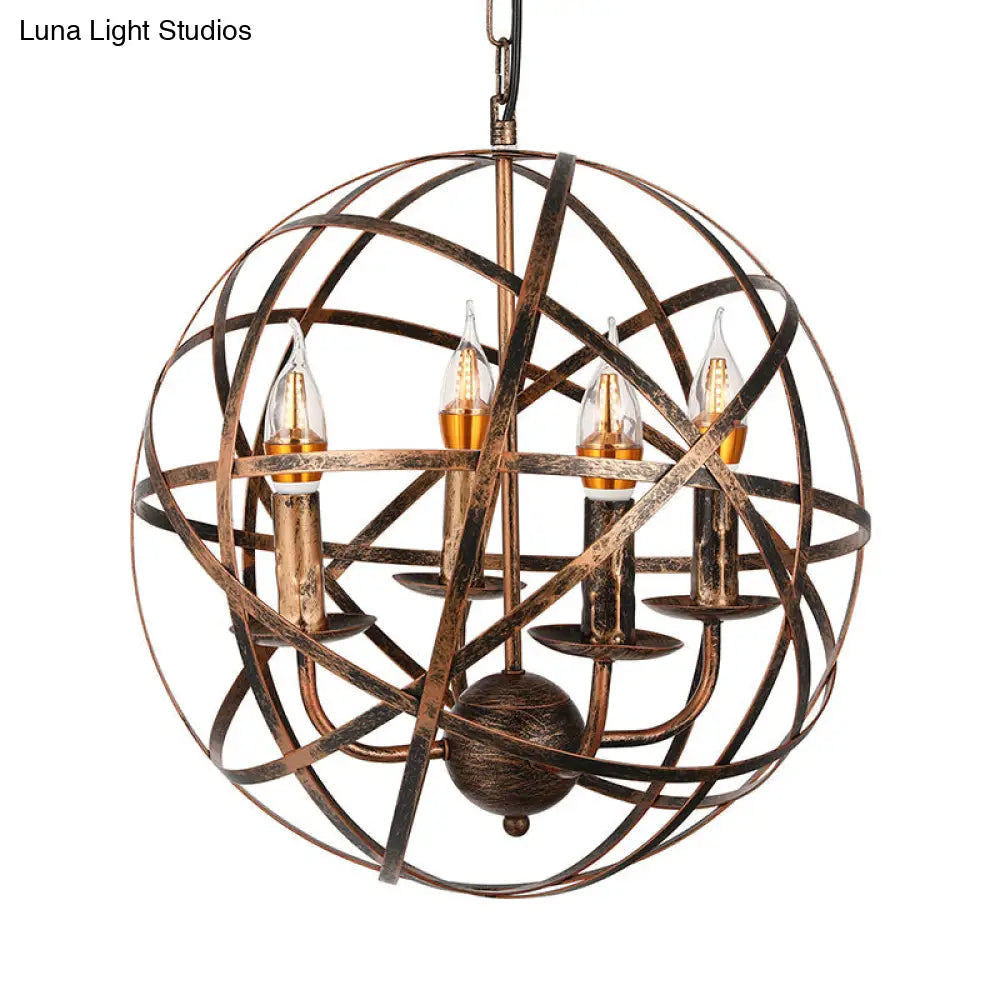 Vintage Style 4-Head Ceiling Chandelier With Iron Globe Cage Shade In Antique Brass For Dining Room